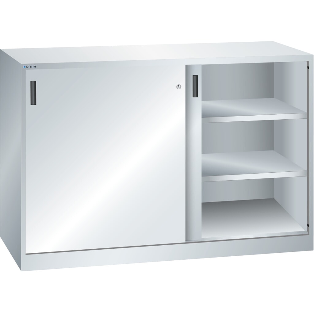 Bijzetkast LISTA met schuifdeuren, (bxh) 1500x1000 mm, 4 verstelbare legborden, diepte 500 mm, lichtgrijs Product afbeelding: Bijzetkast LISTA met schuifdeuren, (bxh) 1500x1000 mm, 4 verstelbare legborden, diepte 500 mm, lichtgrijs