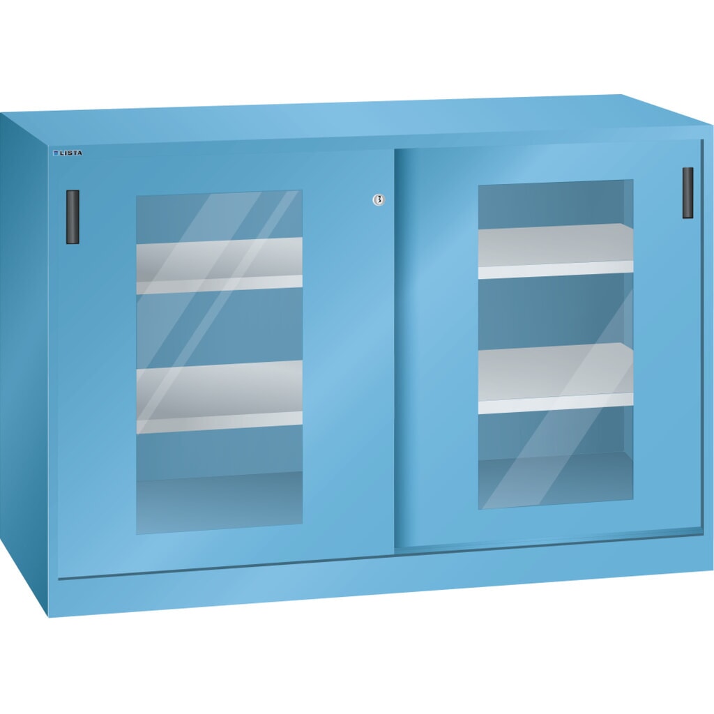 Product afbeelding: Bijzetkast LISTA met schuifdeuren, (bxh) 1500x1000 mm, 4 verstelbare legborden, kijkvenster, diepte 400 mm, lichtblauw