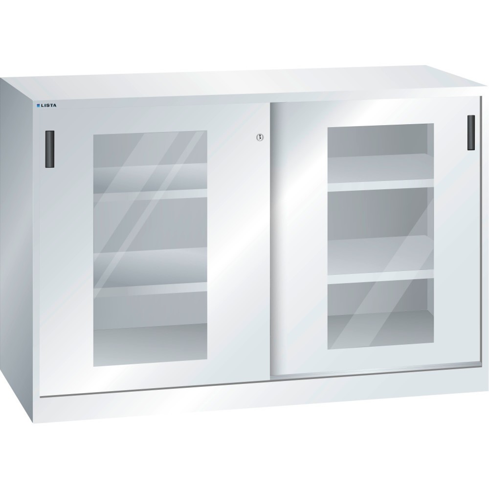 Product afbeelding: Bijzetkast LISTA met schuifdeuren, (bxh) 1500x1000 mm, 4 verstelbare legborden, kijkvenster, diepte 400 mm, lichtgrijs