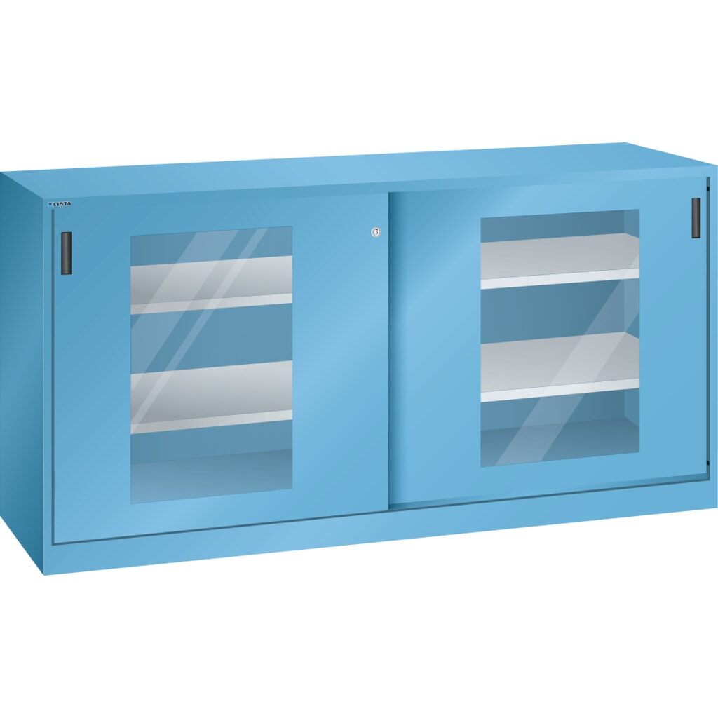 Bijzetkast LISTA met schuifdeuren, (bxh) 2000x1000 mm, 4 verstelbare legborden, kijkvenster, diepte 400 mm, lichtblauw Product afbeelding: Bijzetkast LISTA met schuifdeuren, (bxh) 2000x1000 mm, 4 verstelbare legborden, kijkvenster, diepte 400 mm, lichtblauw