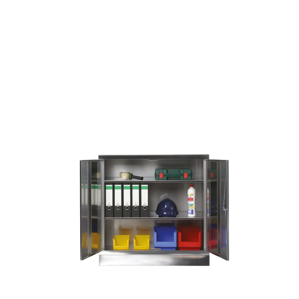 Product afbeelding: Bijzetkast van roestvrij staal, met 2 vleugels, hxbxd 1.050 x 1.000 x 400 mm, met sokkel