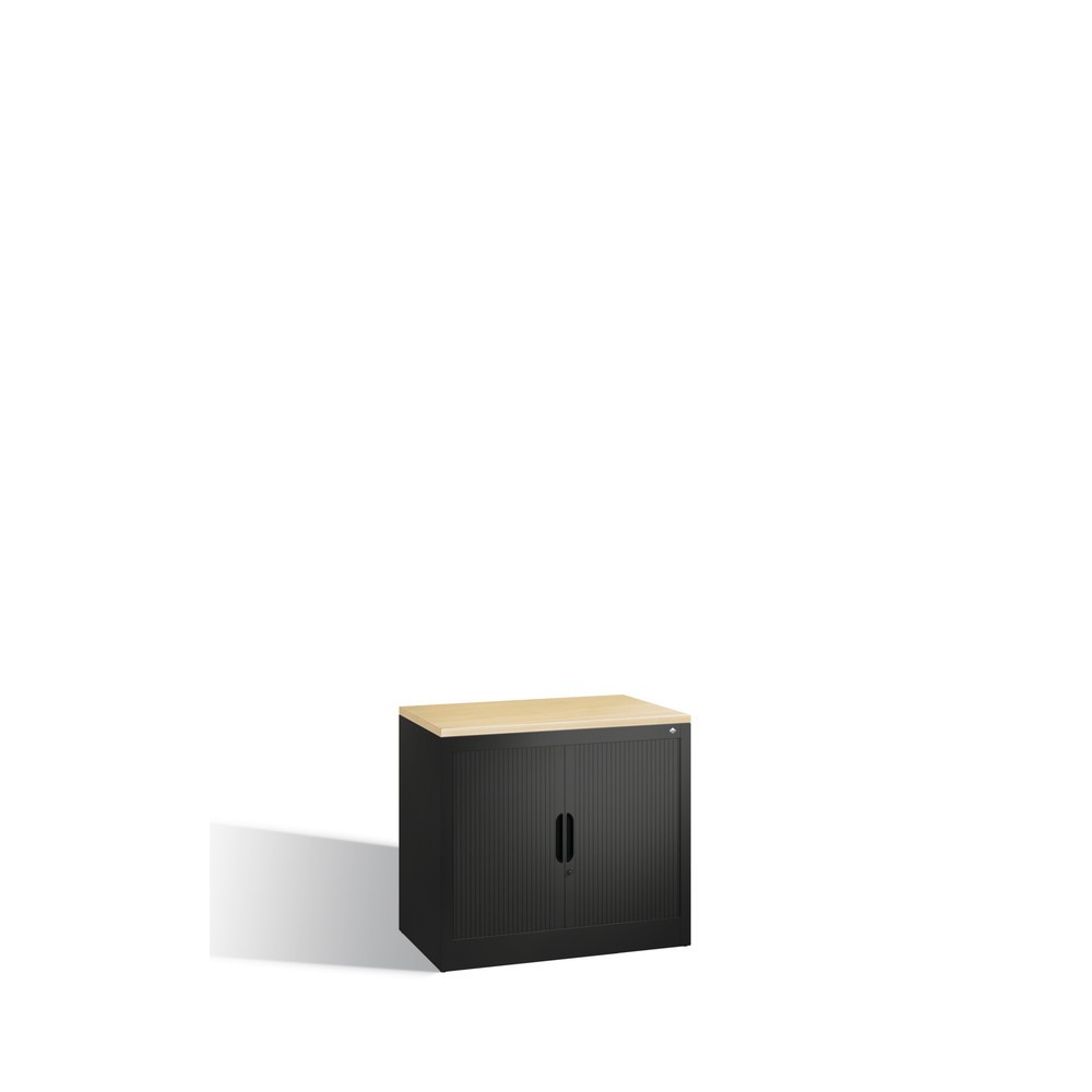 Product afbeelding: Bijzetroldeurkast C+P, 1 1/2 OH, breedte 800 mm, zwartgrijs, Esdoorn