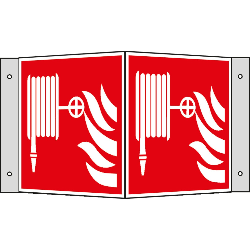 Product afbeelding: SafetyMarking® Brandslang met vlammen, hoekbord, h x b 150 x 150 mm, aluminium HI