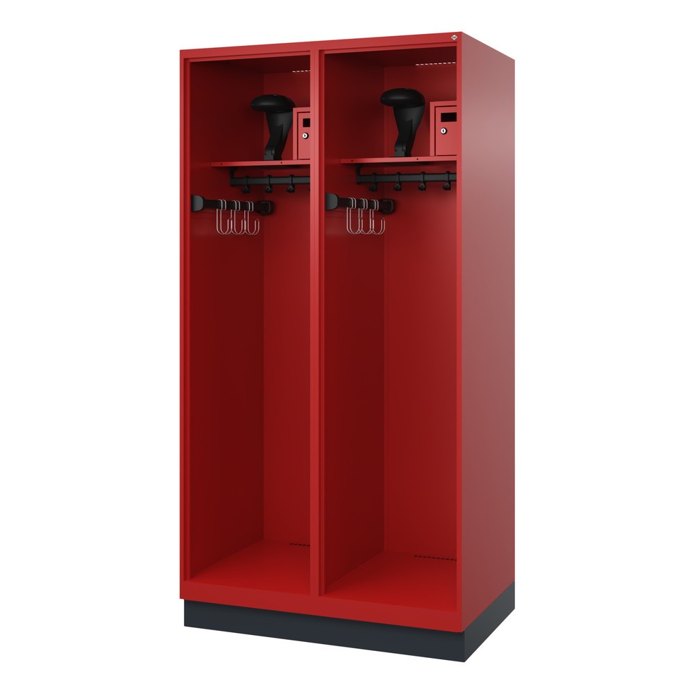 Product afbeelding: C+P brandweerkast FLEXO, sokkel, 2 compartimenten, hxbxd 1.850 x 1.000 x 600 mm, vuurrood, met helmhouder