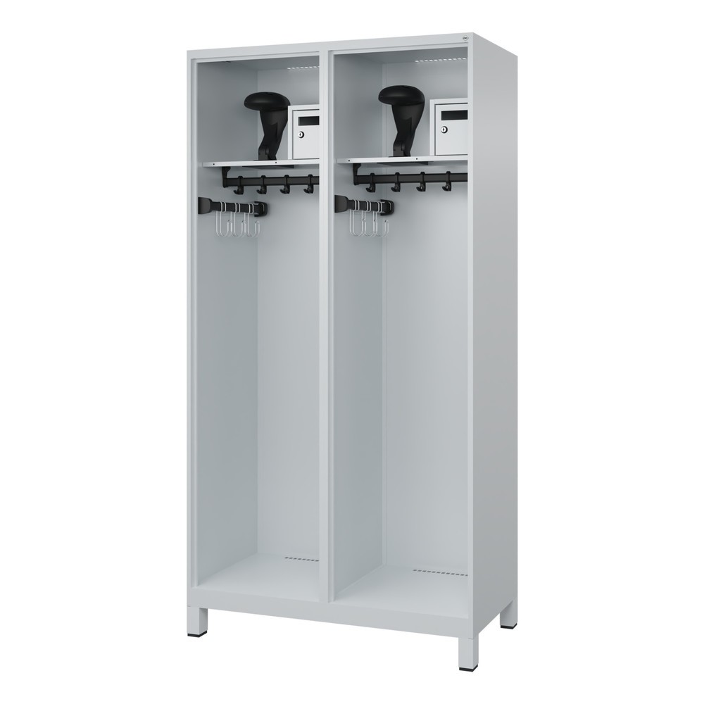 Product afbeelding: C+P brandweerkast FLEXO, voeten, 2 compartimenten, hxbxd 1.850 x 1.000 x 500 mm, lichtgrijs, met helmhouder