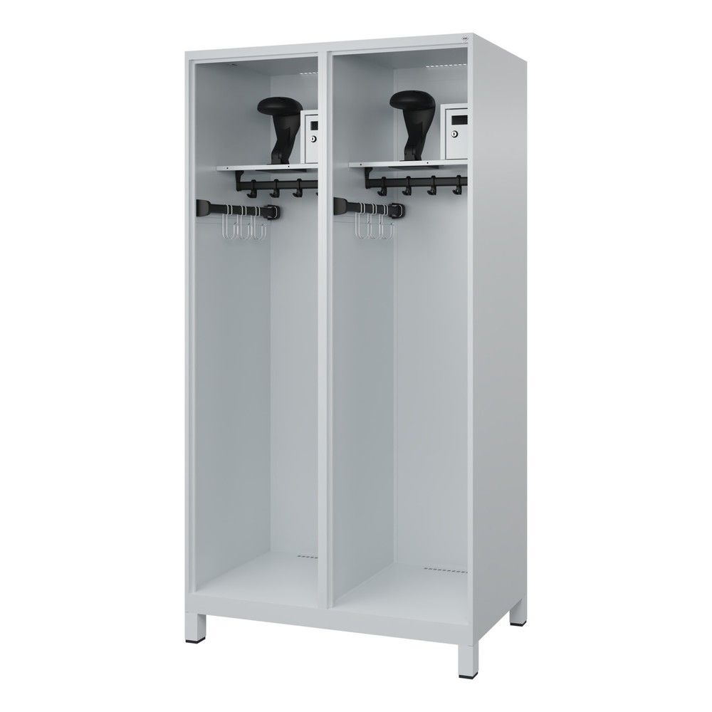 Product afbeelding: C+P brandweerkast FLEXO, voeten, 2 compartimenten, hxbxd 1.850 x 1.000 x 600 mm, lichtgrijs, met helmhouder