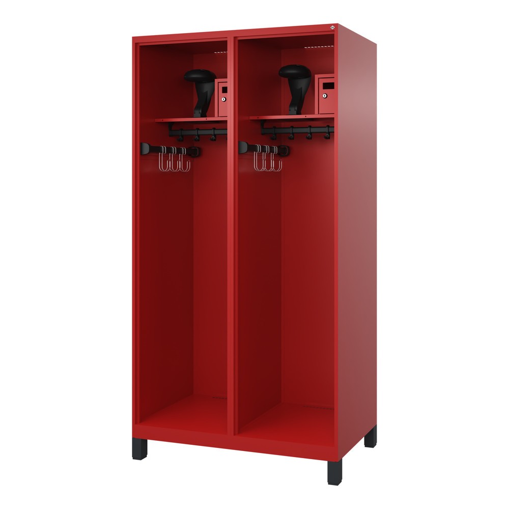 Product afbeelding: C+P brandweerkast FLEXO, voeten, 2 compartimenten, hxbxd 1.850 x 1.000 x 600 mm, vuurrood, met helmhouder