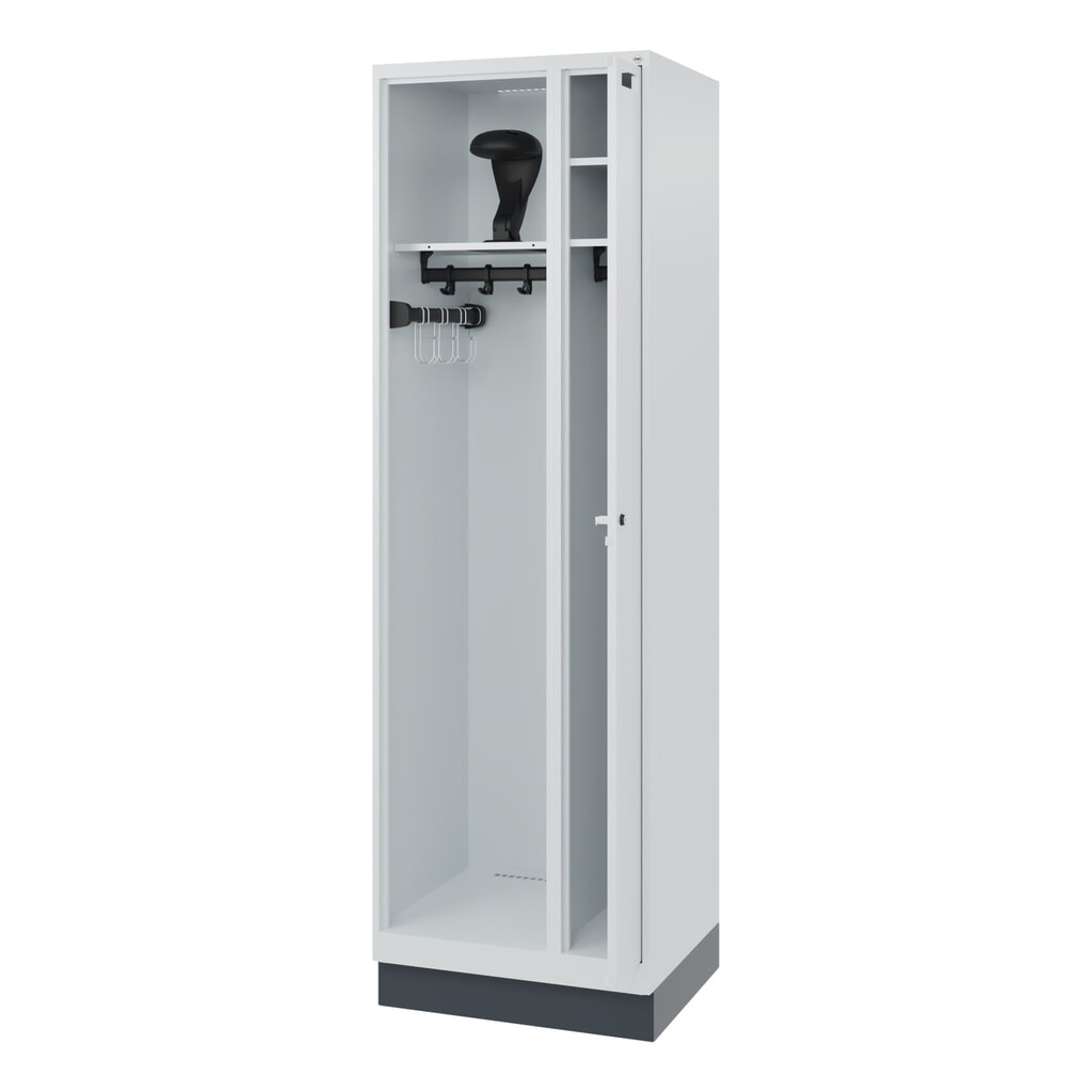 C+P brandweerkast KOMBI, sokkel, 1 compartiment, hxbxd 1.850 x 600 x 500 mm, lichtgrijs, met helmhouder Product afbeelding: C+P brandweerkast KOMBI, sokkel, 1 compartiment, hxbxd 1.850 x 600 x 500 mm, lichtgrijs, met helmhouder
