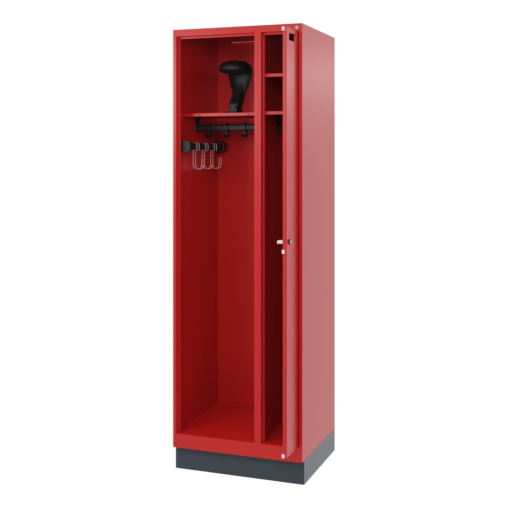 C+P brandweerkast KOMBI, sokkel, 1 compartiment, hxbxd 1.850 x 600 x 500 mm, vuurrood, met helmhouder Product afbeelding: C+P brandweerkast KOMBI, sokkel, 1 compartiment, hxbxd 1.850 x 600 x 500 mm, vuurrood, met helmhouder