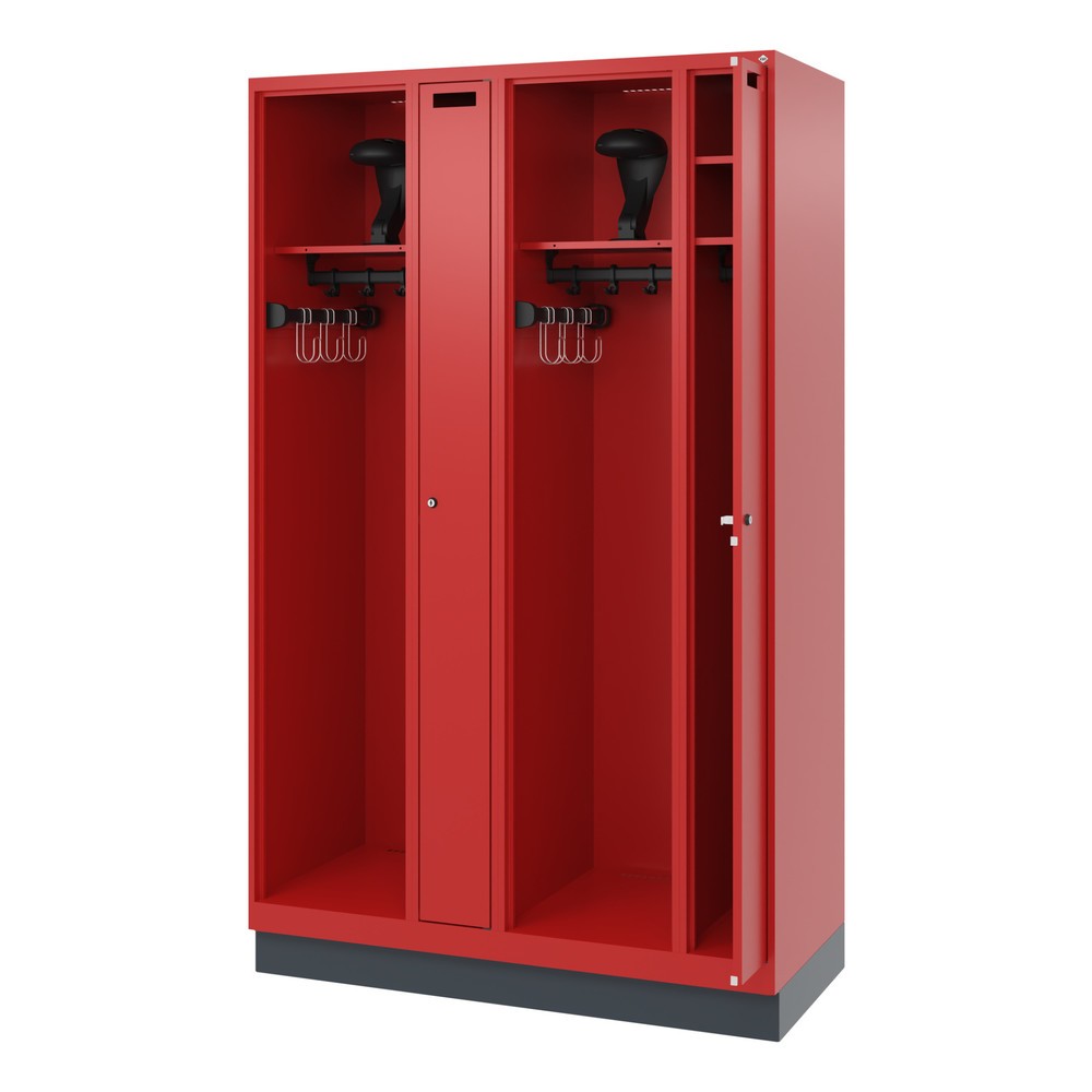 Product afbeelding: C+P brandweerkast KOMBI, sokkel, 2 compartimenten, hxbxd 1.850 x 1.200 x 500 mm, vuurrood, met helmhouder