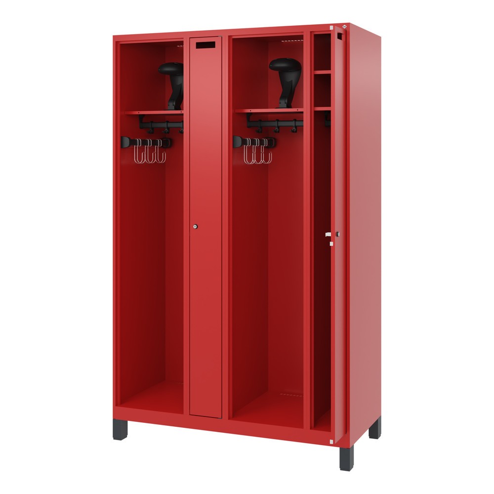 Product afbeelding: C+P brandweerkast KOMBI, voeten, 2 compartimenten, hxbxd 1.850 x 1.200 x 500 mm, vuurrood, met helmhouder