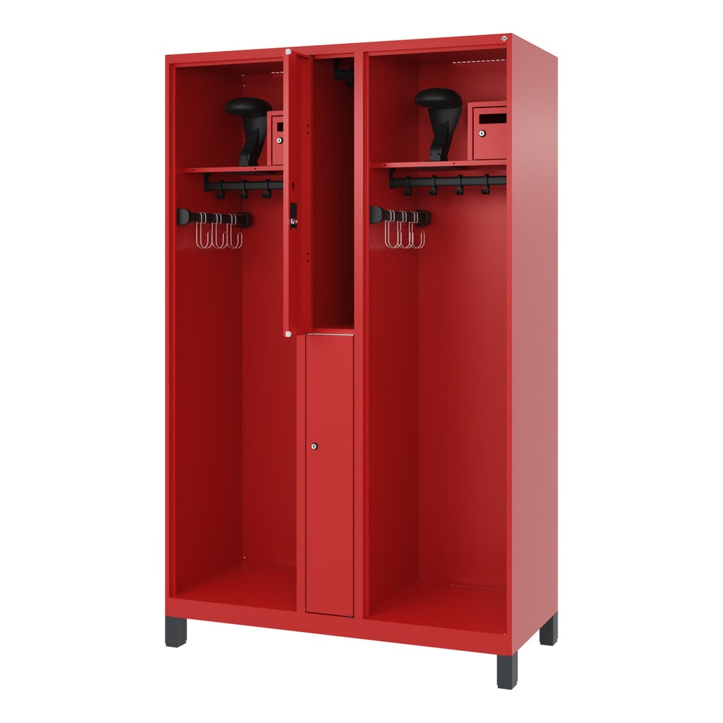 C+P brandweerkast MAXI, voeten, hxbxd 1.850 x 1.200 x 500 mm, vuurrood, met helmhouder Product afbeelding: C+P brandweerkast MAXI, voeten, hxbxd 1.850 x 1.200 x 500 mm, vuurrood, met helmhouder