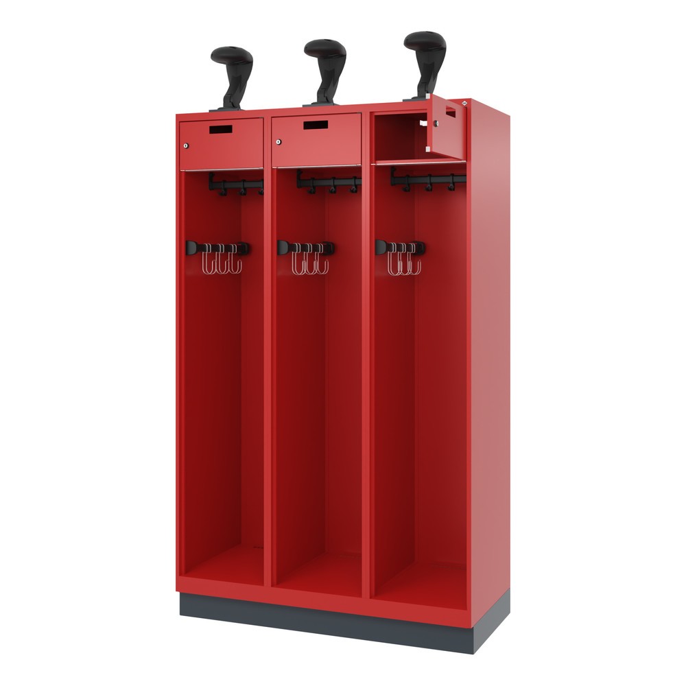 Product afbeelding: C+P brandweerkast PRAKTUS, sokkel, 3 compartimenten, hxbxd 1.850 x 1.200 x 500 mm, vuurrood, met helmhouder