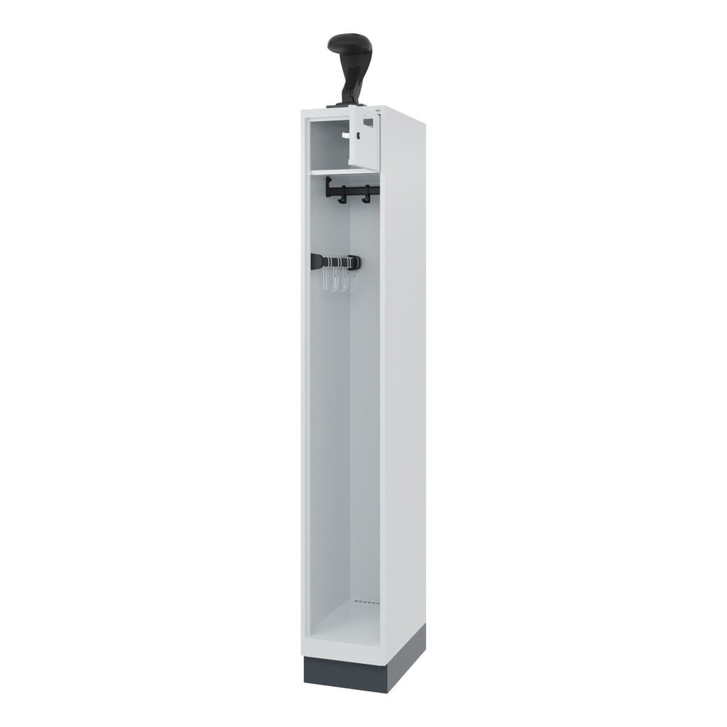 C+P brandweerkast PRAKTUS, sokkel, 1 compartiment, hxbxd 1.850 x 300 x 500 mm, lichtgrijs, met helmhouder Product afbeelding: C+P brandweerkast PRAKTUS, sokkel, 1 compartiment, hxbxd 1.850 x 300 x 500 mm, lichtgrijs, met helmhouder