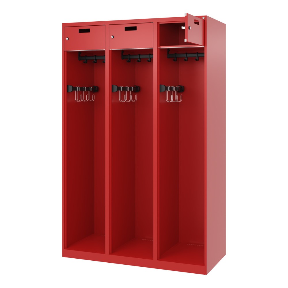 Product afbeelding: C+P brandweerkast PRAKTUS, vloerglijders, 3 compartimenten, hxbxd 1.850 x 1.200 x 500 mm, vuurrood