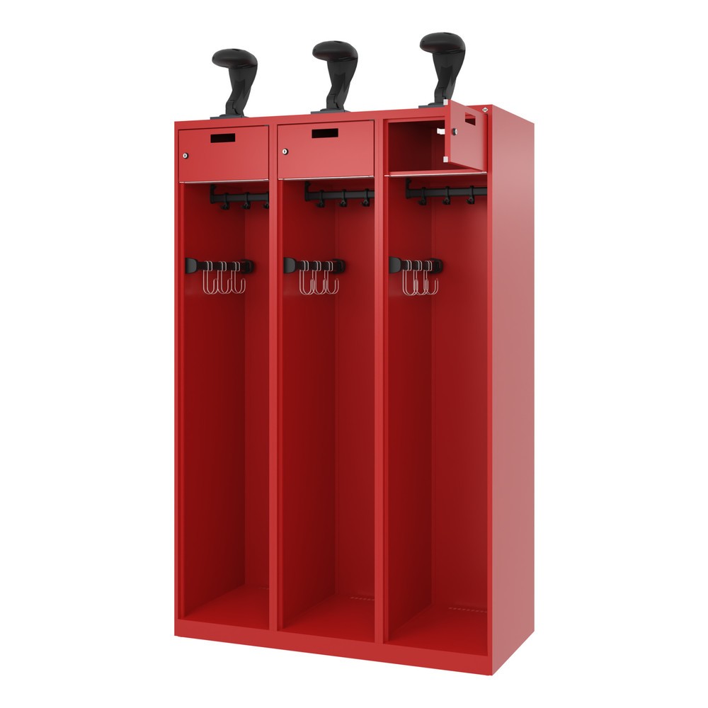 Product afbeelding: C+P brandweerkast PRAKTUS, vloerglijders, 3 compartimenten, hxbxd 1.850 x 1.200 x 500 mm, vuurrood, met helmhouder