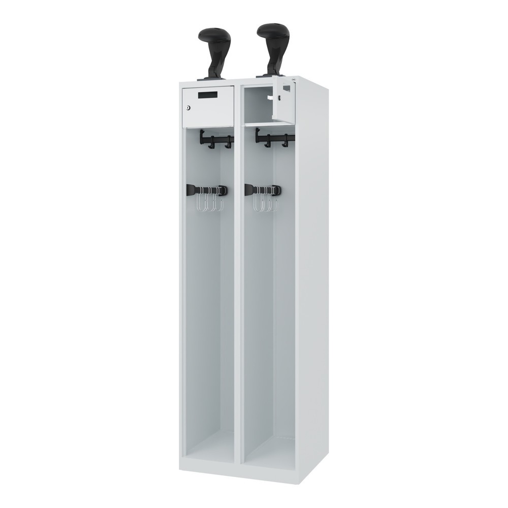 Product afbeelding: C+P brandweerkast PRAKTUS, vloerglijders, 2 compartimenten, hxbxd 1.850 x 600 x 500 mm, lichtgrijs, met helmhouder