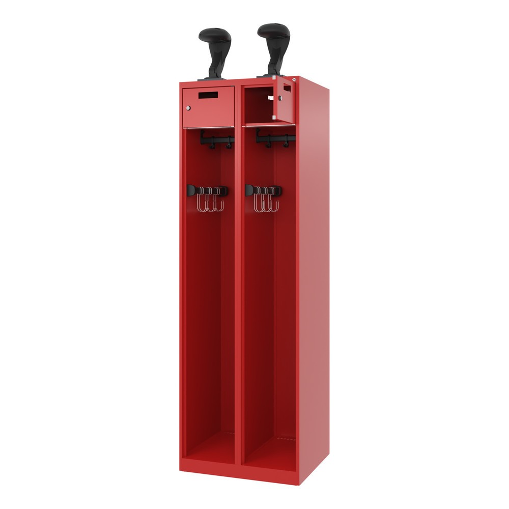 Product afbeelding: C+P brandweerkast PRAKTUS, vloerglijders, 2 compartimenten, hxbxd 1.850 x 600 x 500 mm, vuurrood, met helmhouder