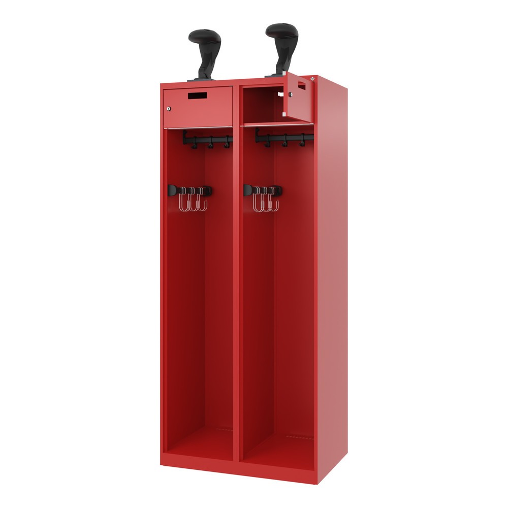 Product afbeelding: C+P brandweerkast PRAKTUS, vloerglijders, 2 compartimenten, hxbxd 1.850 x 800 x 500 mm, vuurrood, met helmhouder