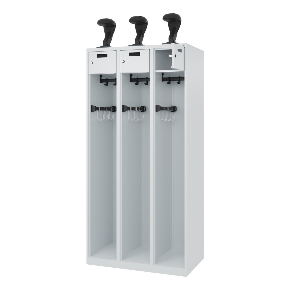 Product afbeelding: C+P brandweerkast PRAKTUS, vloerglijders, 3 compartimenten, hxbxd 1.850 x 900 x 500 mm, lichtgrijs, met helmhouder