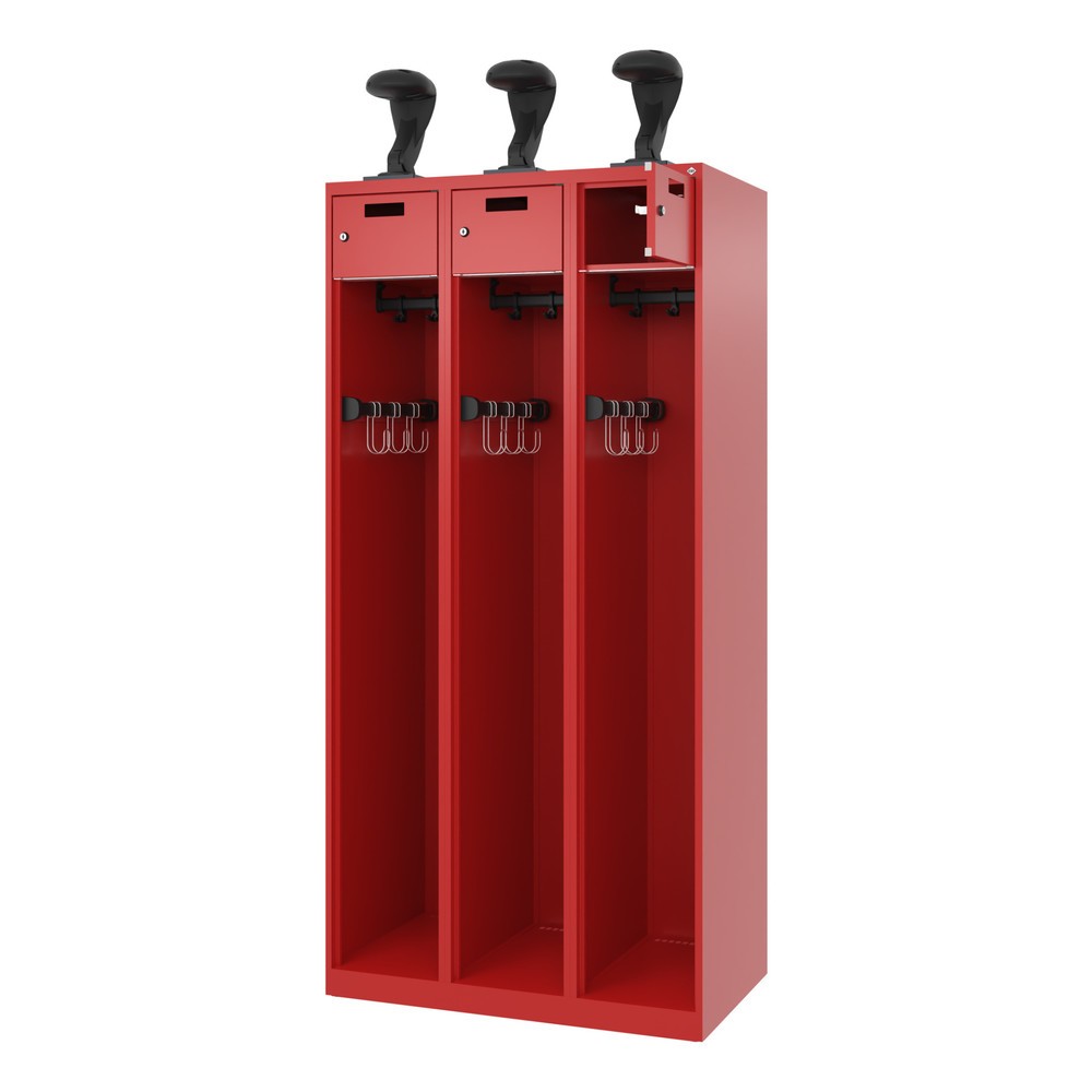 Product afbeelding: C+P brandweerkast PRAKTUS, vloerglijders, 3 compartimenten, hxbxd 1.850 x 900 x 500 mm, vuurrood, met helmhouder