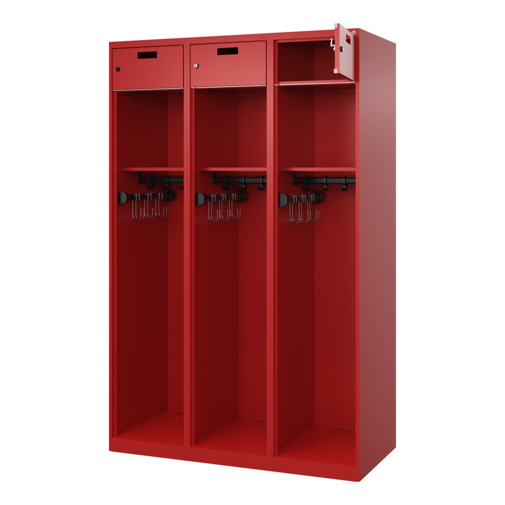 Product afbeelding: C+P brandweerkast PRAKTUS, vloerglijders, 3 compartimenten, hxbxd 1.850 x 1.200 x 500 mm, vuurrood