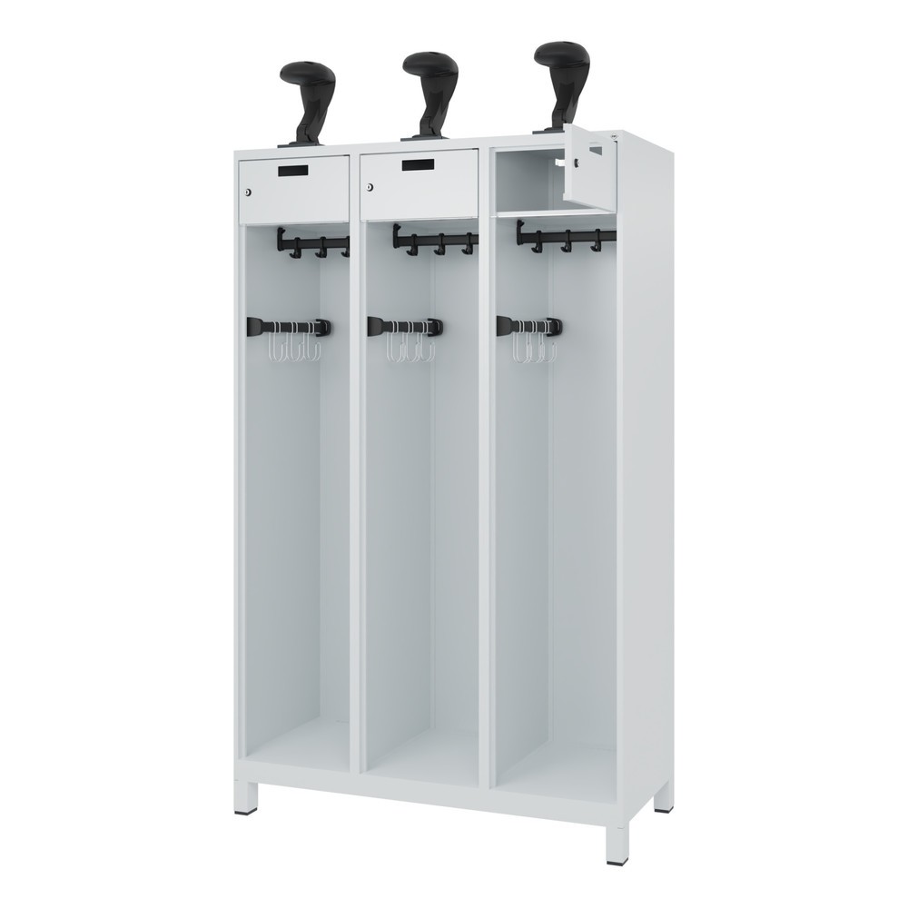 Product afbeelding: C+P brandweerkast PRAKTUS, voeten, 3 compartimenten, hxbxd 1.850 x 1.200 x 500 mm, lichtgrijs, met helmhouder