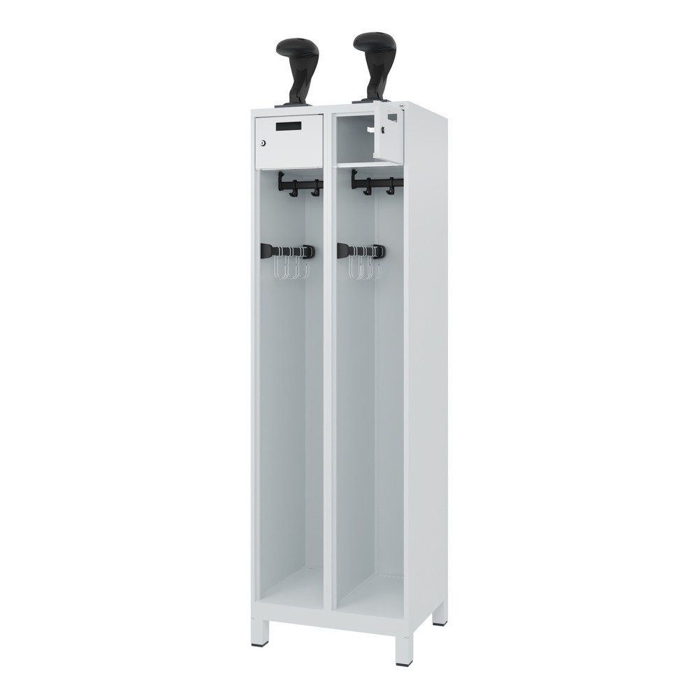 Product afbeelding: C+P brandweerkast PRAKTUS, voeten, 2 compartimenten, hxbxd 1.850 x 600 x 500 mm, lichtgrijs, met helmhouder
