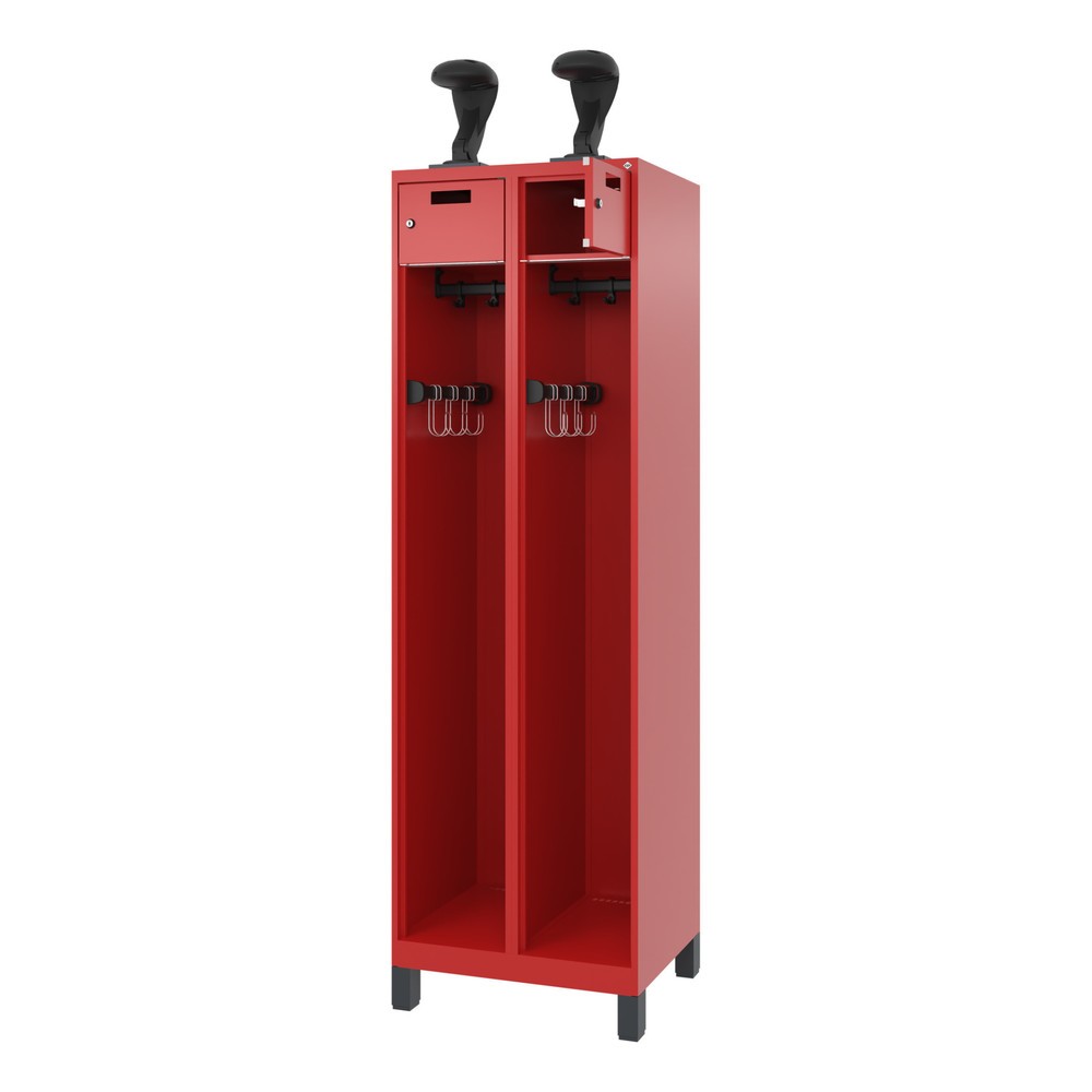 Product afbeelding: C+P brandweerkast PRAKTUS, voeten, 2 compartimenten, hxbxd 1.850 x 600 x 500 mm, vuurrood, met helmhouder