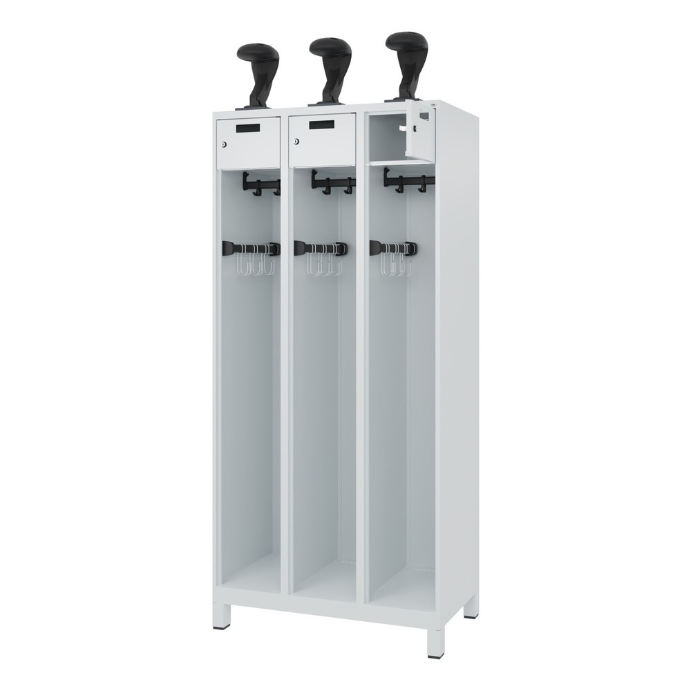 Product afbeelding: C+P brandweerkast PRAKTUS, voeten, 3 compartimenten, hxbxd 1.850 x 900 x 500 mm, lichtgrijs, met helmhouder