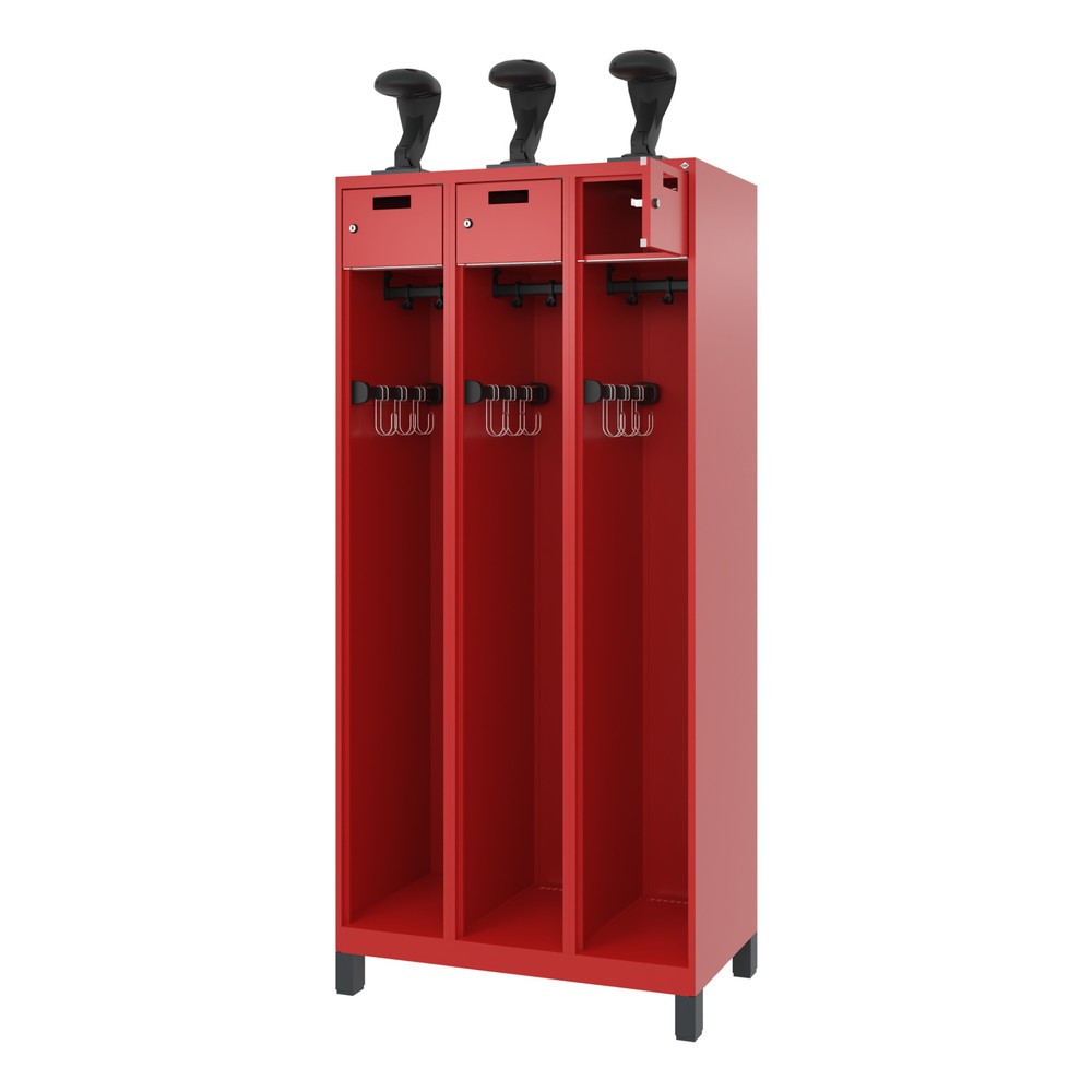 Product afbeelding: C+P brandweerkast PRAKTUS, voeten, 3 compartimenten, hxbxd 1.850 x 900 x 500 mm, vuurrood, met helmhouder