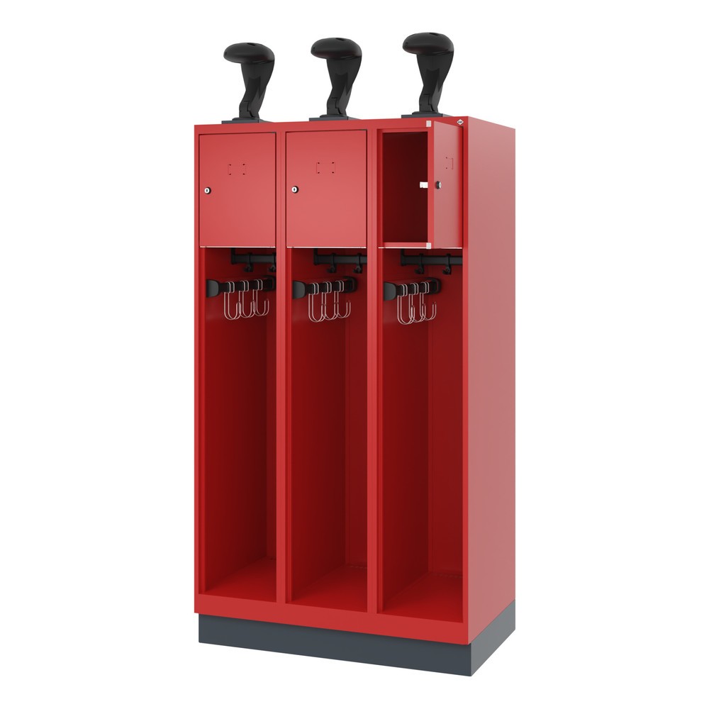 Product afbeelding: C+P brandweerkast YOUNGSTER, sokkel, 3 compartimenten, hxbxd 1.530 x 900 x 500 mm, vuurrood, met helmhouder