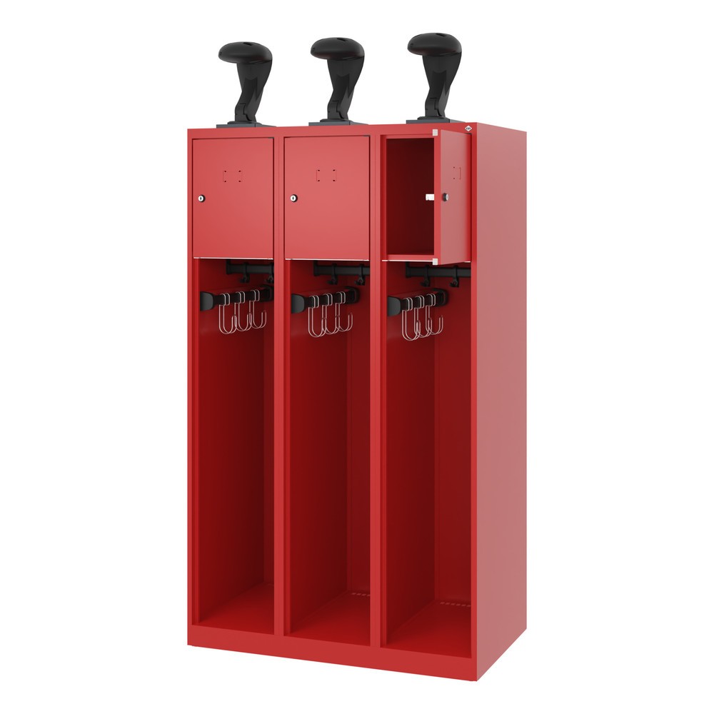 Product afbeelding: C+P brandweerkast YOUNGSTER, vloerglijders, 3 compartimenten, hxbxd 1.530 x 900 x 500 mm, vuurrood, met helmhouder