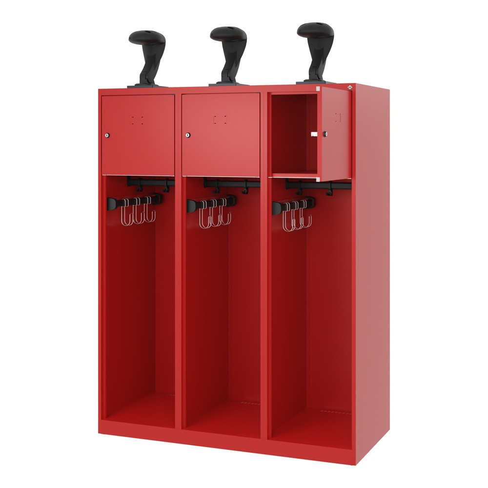 Product afbeelding: C+P brandweerkast YOUNGSTER, vloerglijders, 3 compartimenten, hxbxd 1.530 x 1.200 x 500 mm, vuurrood, met helmhouder