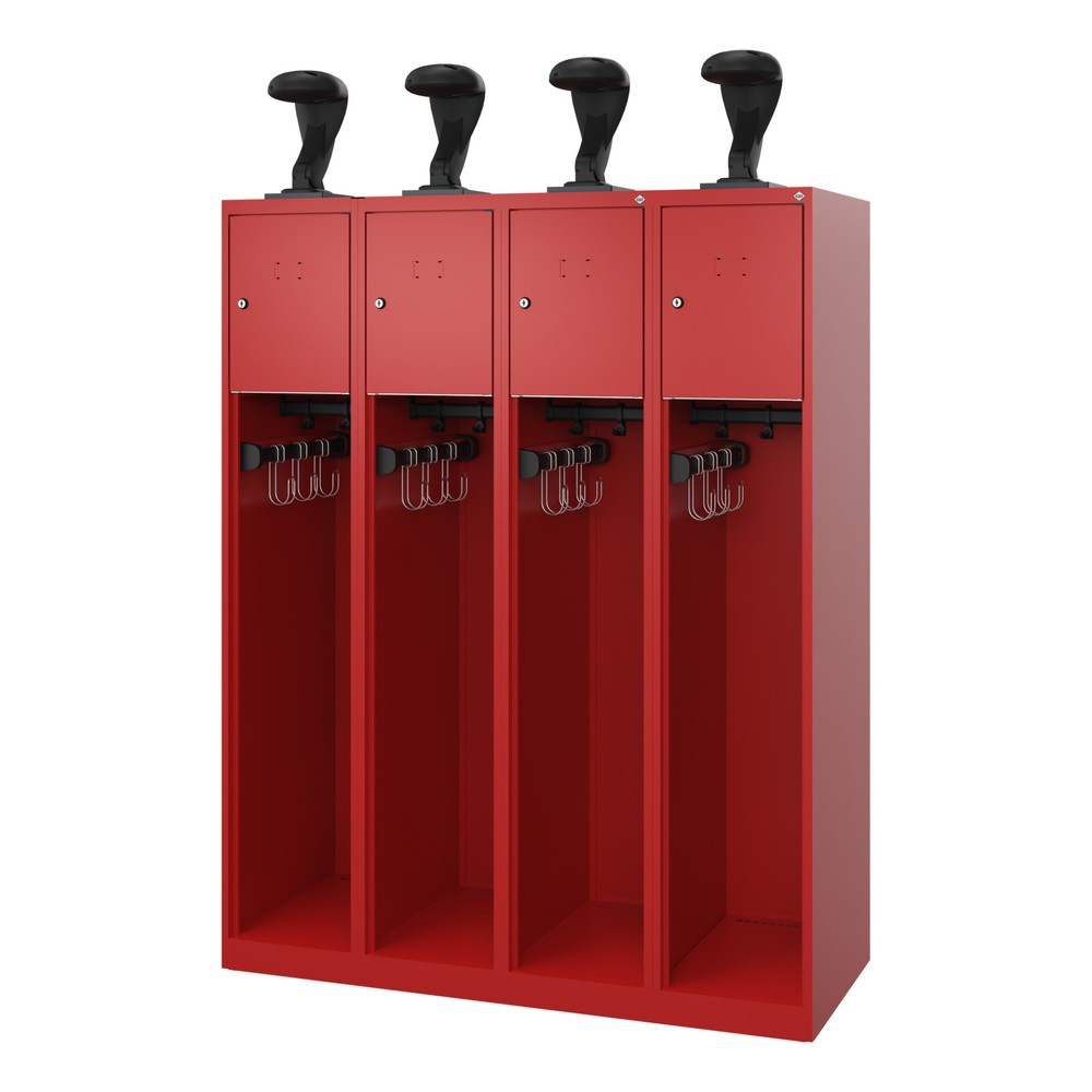 Product afbeelding: C+P brandweerkast YOUNGSTER, vloerglijders, 4 compartimenten, hxbxd 1.530 x 1.200 x 500 mm, vuurrood, met helmhouder
