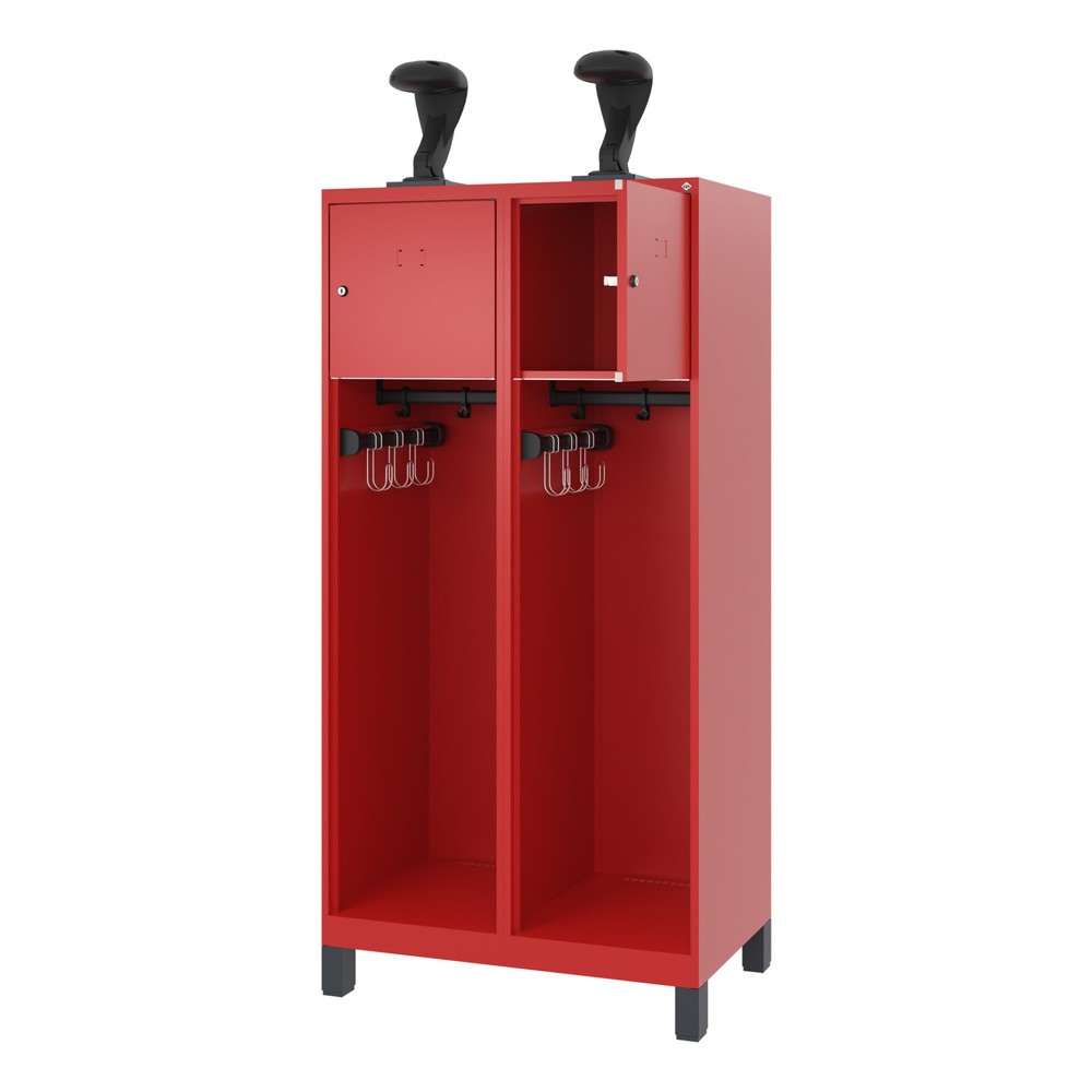 Product afbeelding: C+P brandweerkast YOUNGSTER, voeten, 2 compartimenten, hxbxd 1.530 x 800 x 500 mm, vuurrood, met helmhouder