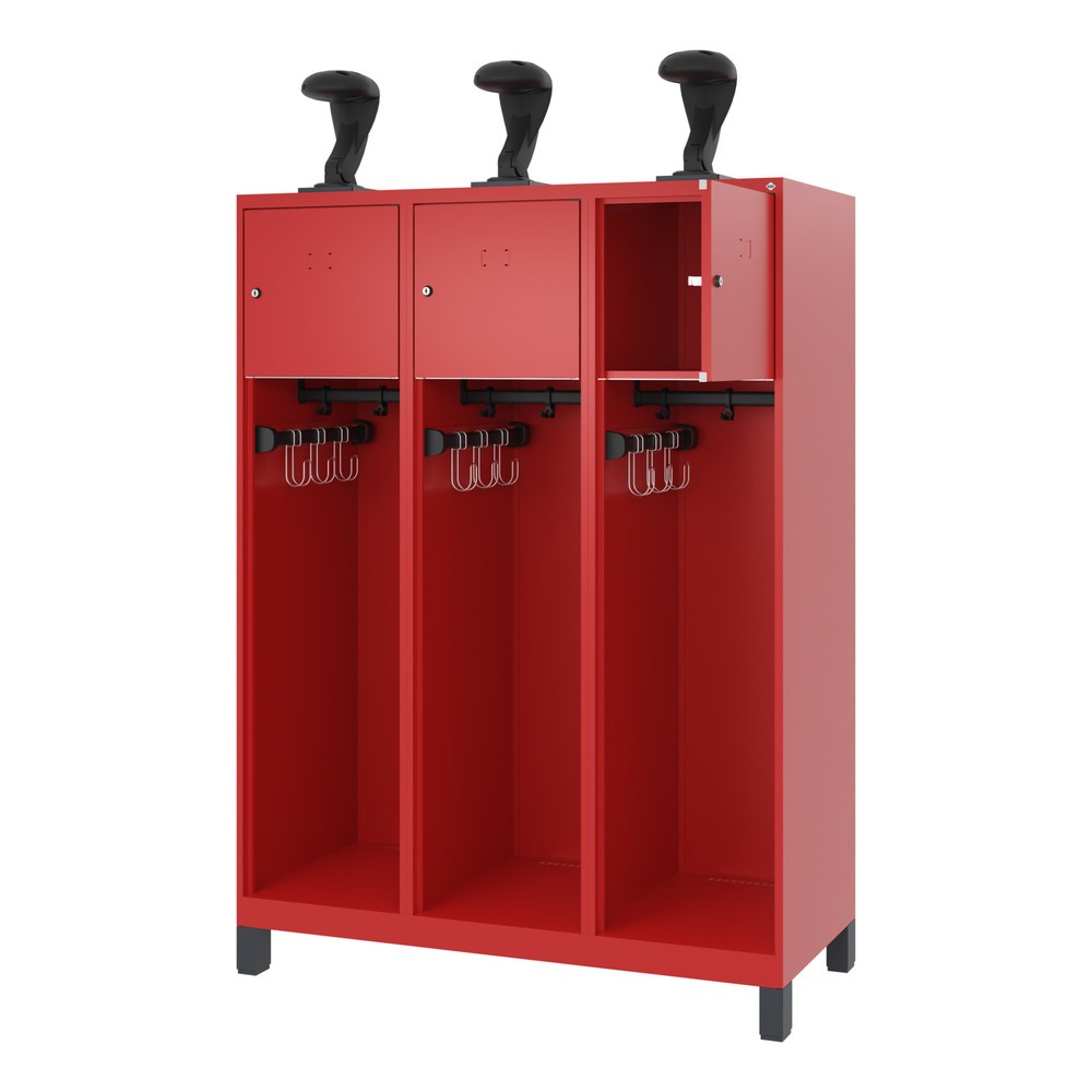 Product afbeelding: C+P brandweerkast YOUNGSTER, voeten, 3 compartimenten, hxbxd 1.530 x 1.200 x 500 mm, vuurrood, met helmhouder