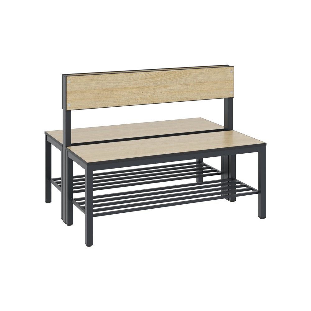 Productafbeelding nr. 1: C+P kleedkamerbank Basic Plus, lengte 1.000 mm, dubbelzijdig, met rugleuning, incl. schoenenrek, zwartgrijs/eiken sereno