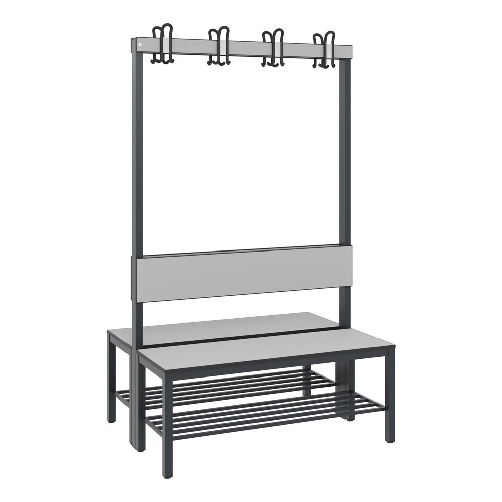 Productafbeelding nr. 1: C+P kleedkamerbank Basic Plus, lengte 1.000 mm, dubbelzijdig, met rugleuning, 2x4 dubbele haken, incl. schoenenrek, zwartgrijs/zilvergrijs