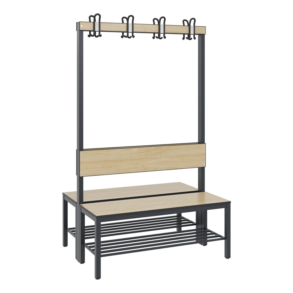 Productafbeelding nr. 1: C+P kleedkamerbank Basic Plus, lengte 1.000 mm, dubbelzijdig, met rugleuning, 2x4 dubbele haken, incl. schoenenrek, zwartgrijs/eiken sereno