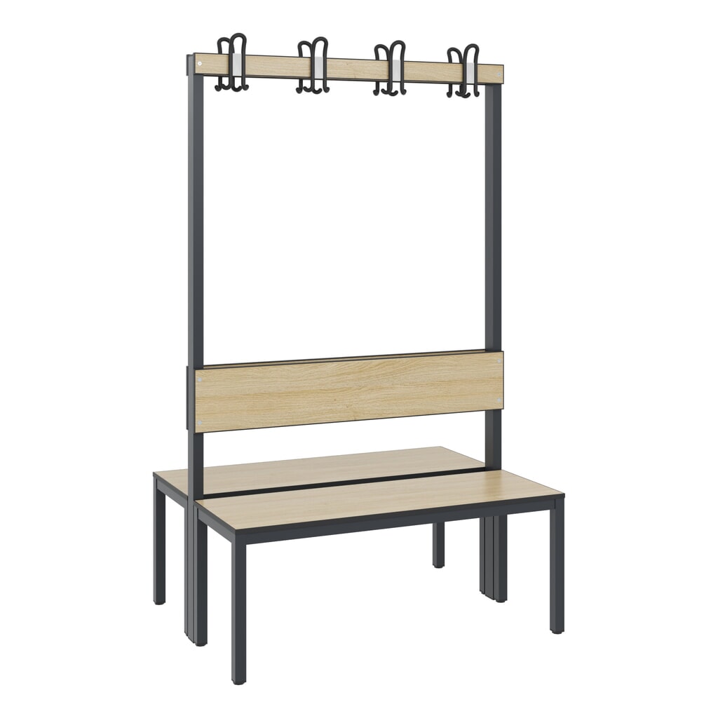 C+P kleedkamerbank Basic Plus, lengte 1.000 mm, dubbelzijdig, met rugleuning, 2x4 dubbele haken, zwartgrijs/eiken sereno Productafbeelding nr. 1: C+P kleedkamerbank Basic Plus, lengte 1.000 mm, dubbelzijdig, met rugleuning, 2x4 dubbele haken, zwartgrijs/eiken sereno