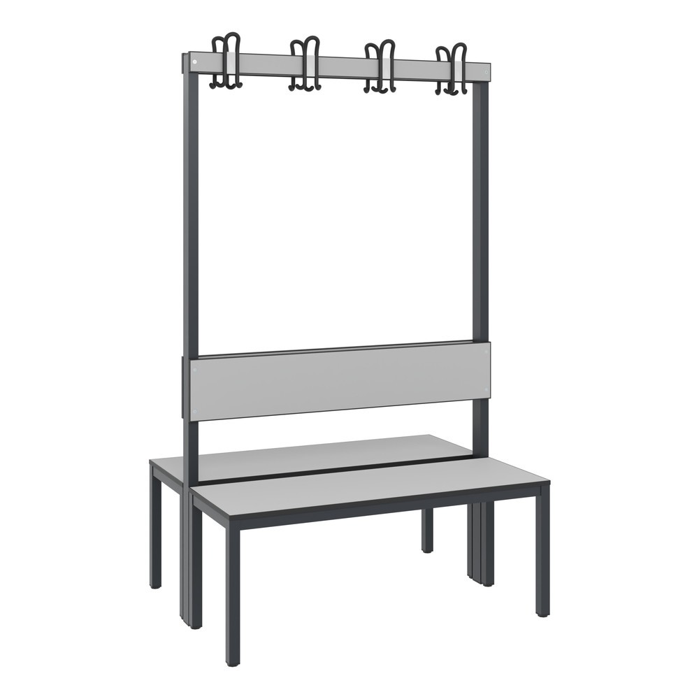 Productafbeelding nr. 1: C+P kleedkamerbank Basic Plus, lengte 1.000 mm, dubbelzijdig, met rugleuning, 2x4 dubbele haken, zwartgrijs/zilvergrijs