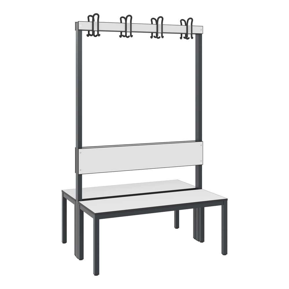 Productafbeelding nr. 1: C+P kleedkamerbank Basic Plus, lengte 1.000 mm, dubbelzijdig, met rugleuning, 2x4 dubbele haken, zwartgrijs/wit