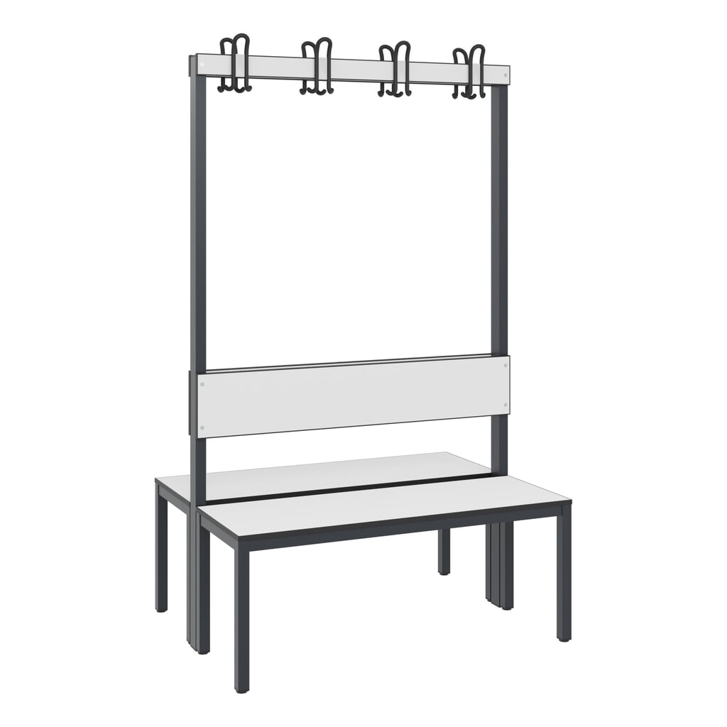 C+P kleedkamerbank Basic Plus, lengte 1.000 mm, dubbelzijdig, met rugleuning, 2x4 dubbele haken, zwartgrijs/wit Productafbeelding nr. 1: C+P kleedkamerbank Basic Plus, lengte 1.000 mm, dubbelzijdig, met rugleuning, 2x4 dubbele haken, zwartgrijs/wit