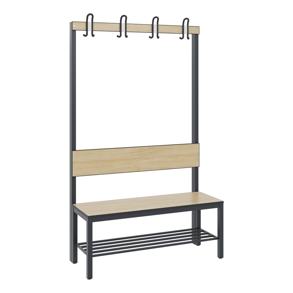 Productafbeelding nr. 1: C+P kleedkamerbank Basic Plus, lengte 1.000 mm, eenzijdig, met rugleuning, 4 dubbele haken, incl. schoenenrek, zwartgrijs/eiken sereno
