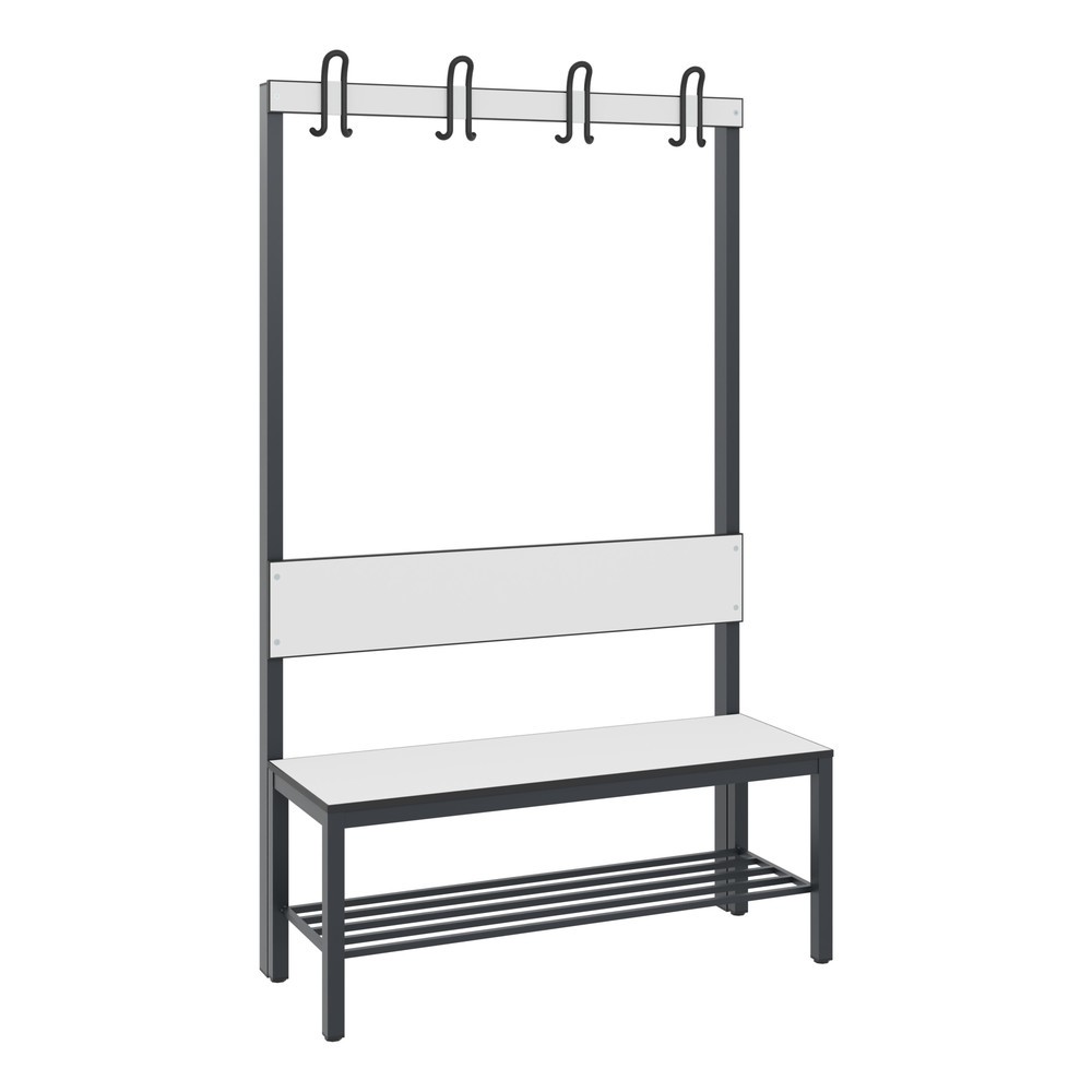 Productafbeelding nr. 1: C+P kleedkamerbank Basic Plus, lengte 1.000 mm, eenzijdig, met rugleuning, 4 dubbele haken, incl. schoenenrek, zwartgrijs/wit