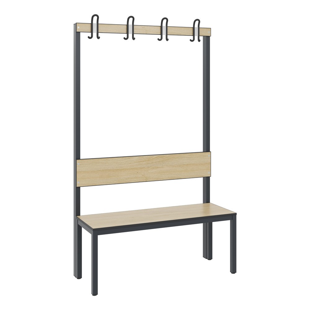 Product afbeelding: C+P kleedkamerbank Basic Plus, lengte 1.000 mm, eenzijdig, met rugleuning, 4 dubbele haken, zwartgrijs/eiken sereno