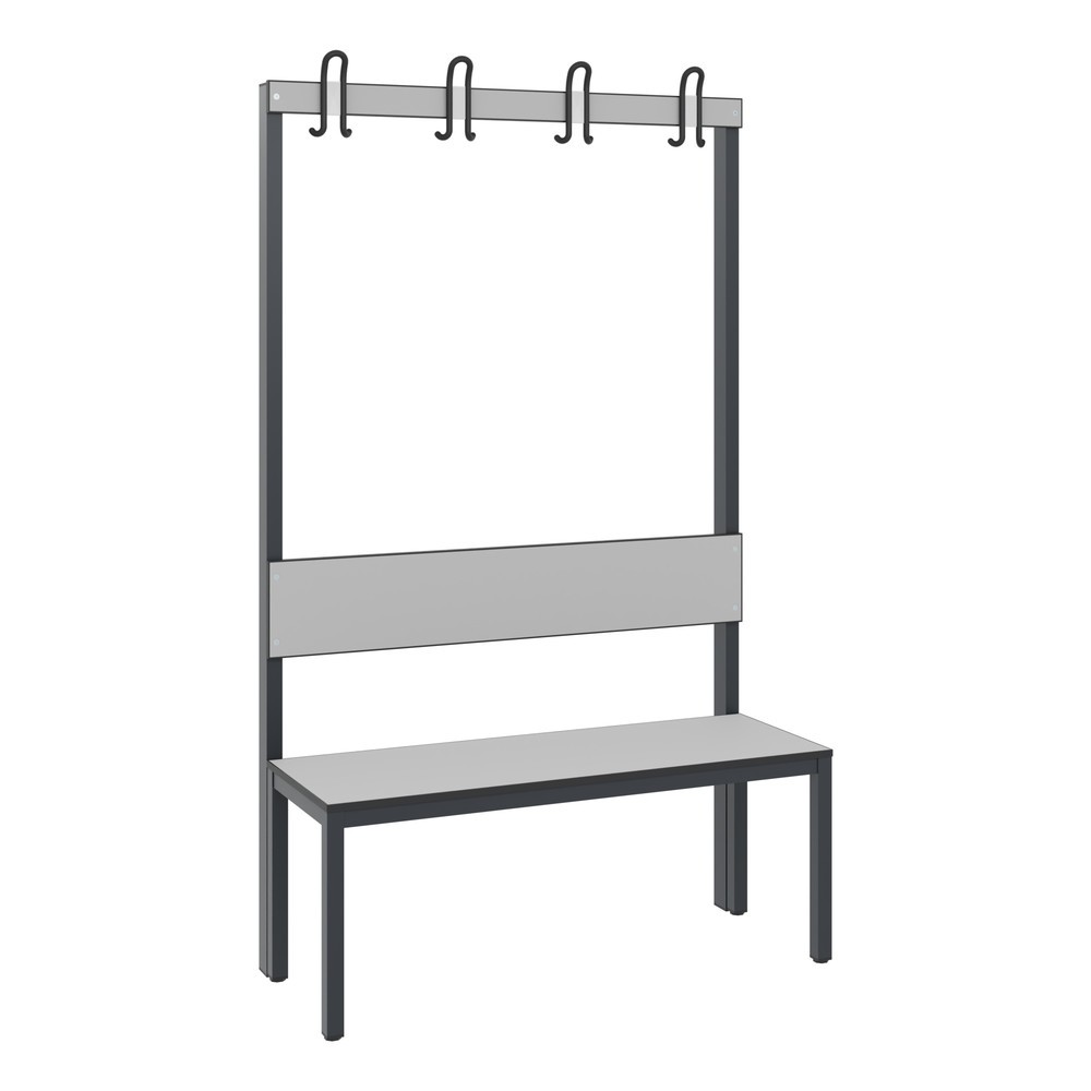 Product afbeelding: C+P kleedkamerbank Basic Plus, lengte 1.000 mm, eenzijdig, met rugleuning, 4 dubbele haken, zwartgrijs/zilvergrijs