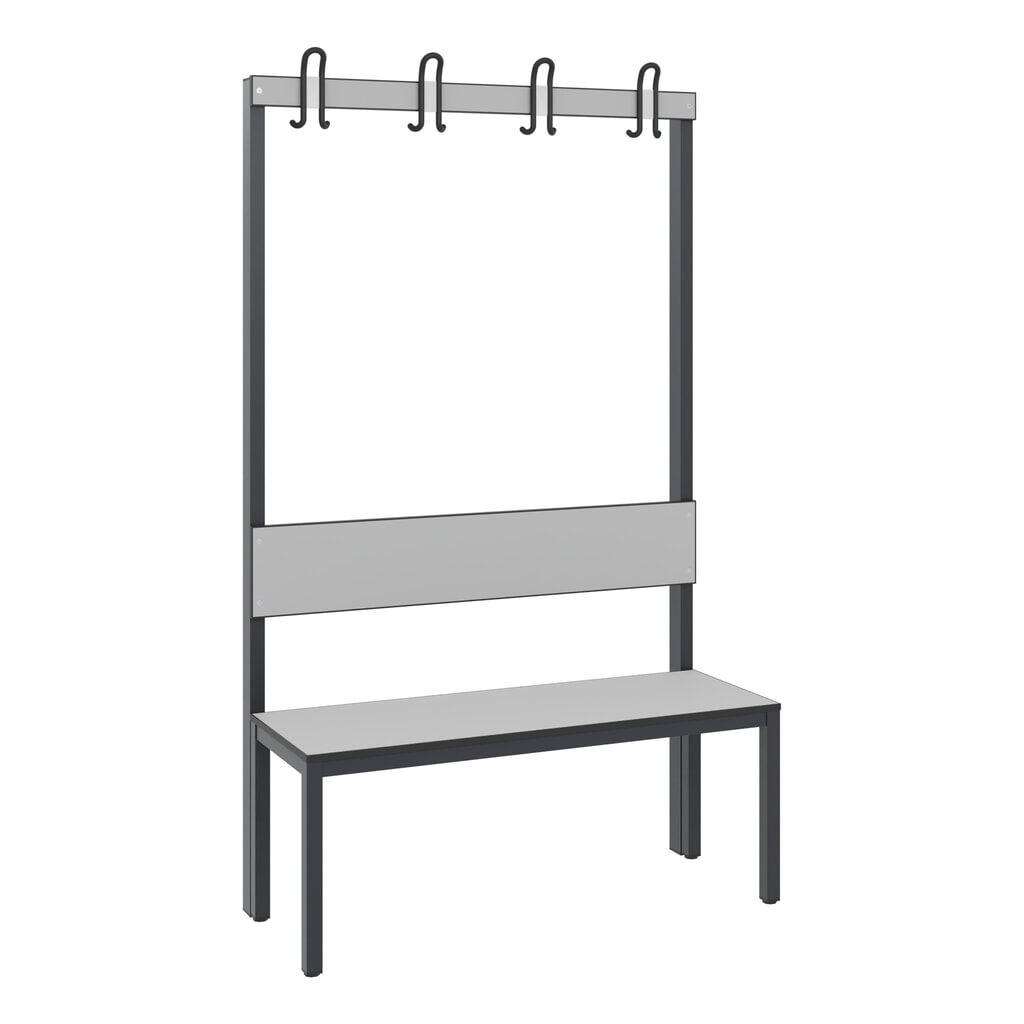 C+P kleedkamerbank Basic Plus, lengte 1.000 mm, eenzijdig, met rugleuning, 4 dubbele haken, zwartgrijs/zilvergrijs Product afbeelding: C+P kleedkamerbank Basic Plus, lengte 1.000 mm, eenzijdig, met rugleuning, 4 dubbele haken, zwartgrijs/zilvergrijs