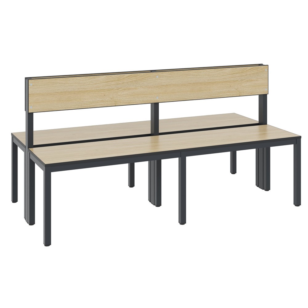 Productafbeelding nr. 1: C+P kleedkamerbank Basic Plus, lengte 1.500 mm, dubbelzijdig, met rugleuning, zwartgrijs/eiken sereno